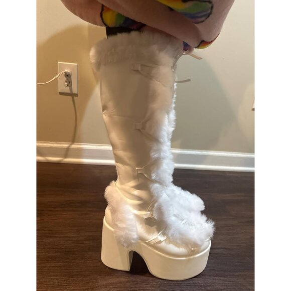 🆕Womens White Synthetic Mid Calf Lace Up Chunky High Heel Warm Fur Snow Boots - Picture 2 of 11